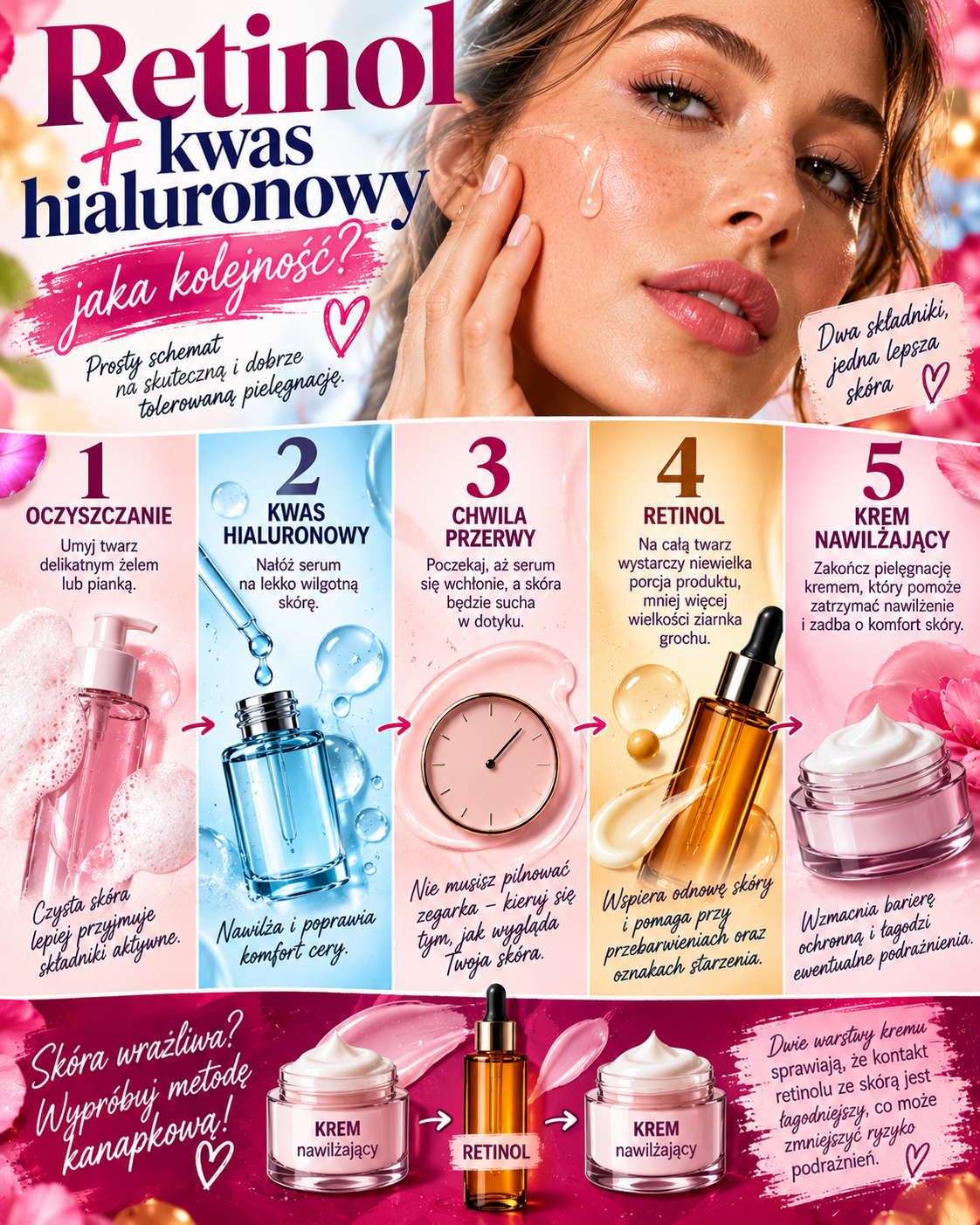 retinol i kwas hialuronowy kolejnosc stosowania Kolejność stosowania retinolu i kwasu hialuronowego: oczyszczanie, serum nawilżające, retinol i krem oraz metoda kanapkowa dla skóry wrażliwej.