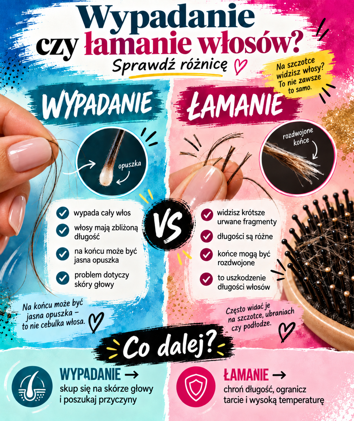 wypadanie czy lamanie wlosow roznice Porównanie wypadania i łamania włosów – całe włosy z jasną opuszką, urwane fragmenty i rozdwojone końcówki.