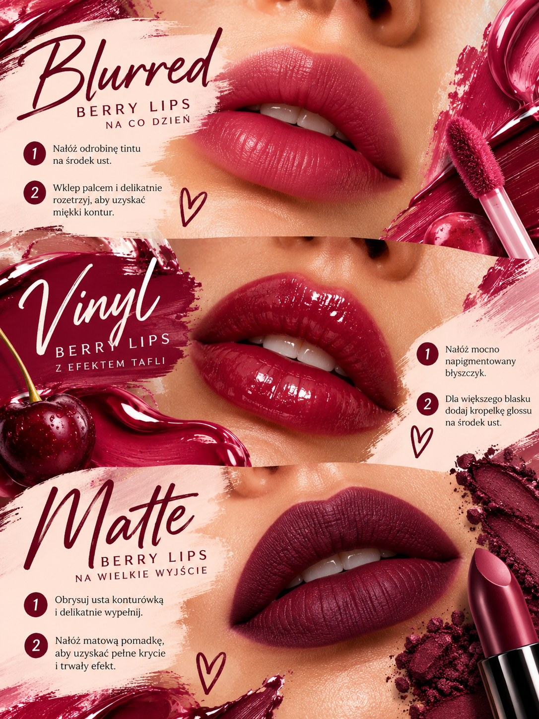 Berry lips – blurred, vinyl i matte krok po kroku Trzy sposoby na berry lips – rozmyty efekt blurred, winylowy połysk i głęboki mat.