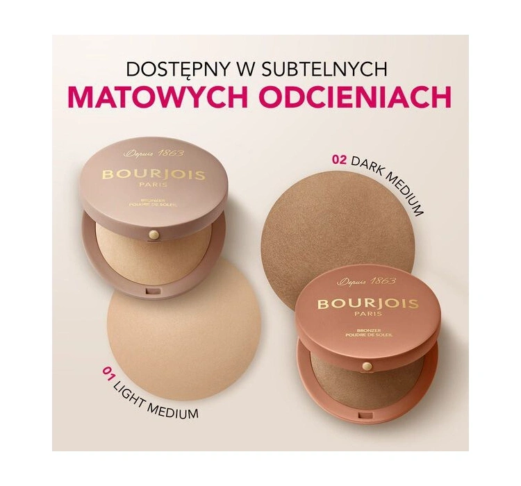 Odcienie bronzera Bourjois Maxi Round Pot 01 Light Medium i 02 Dark Medium