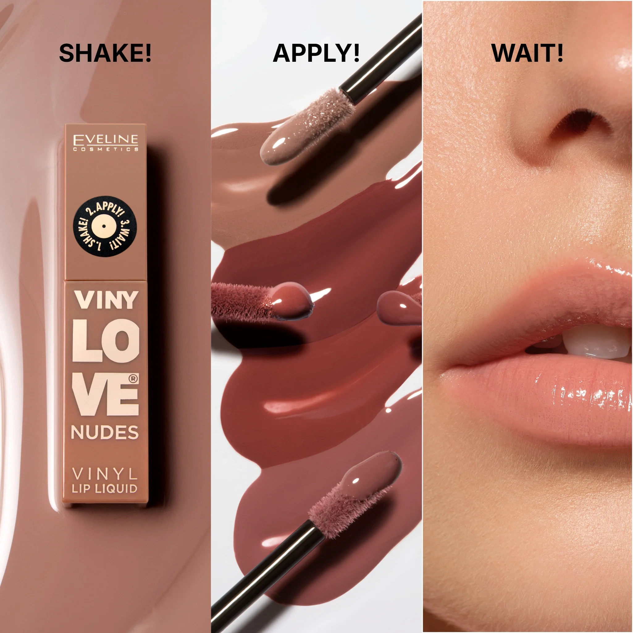 Długotrwała pomadka w płynie z winylowym wykończeniem Eveline Vinylove – trzy kroki aplikacji shake, apply i wait oraz efekt na ustach