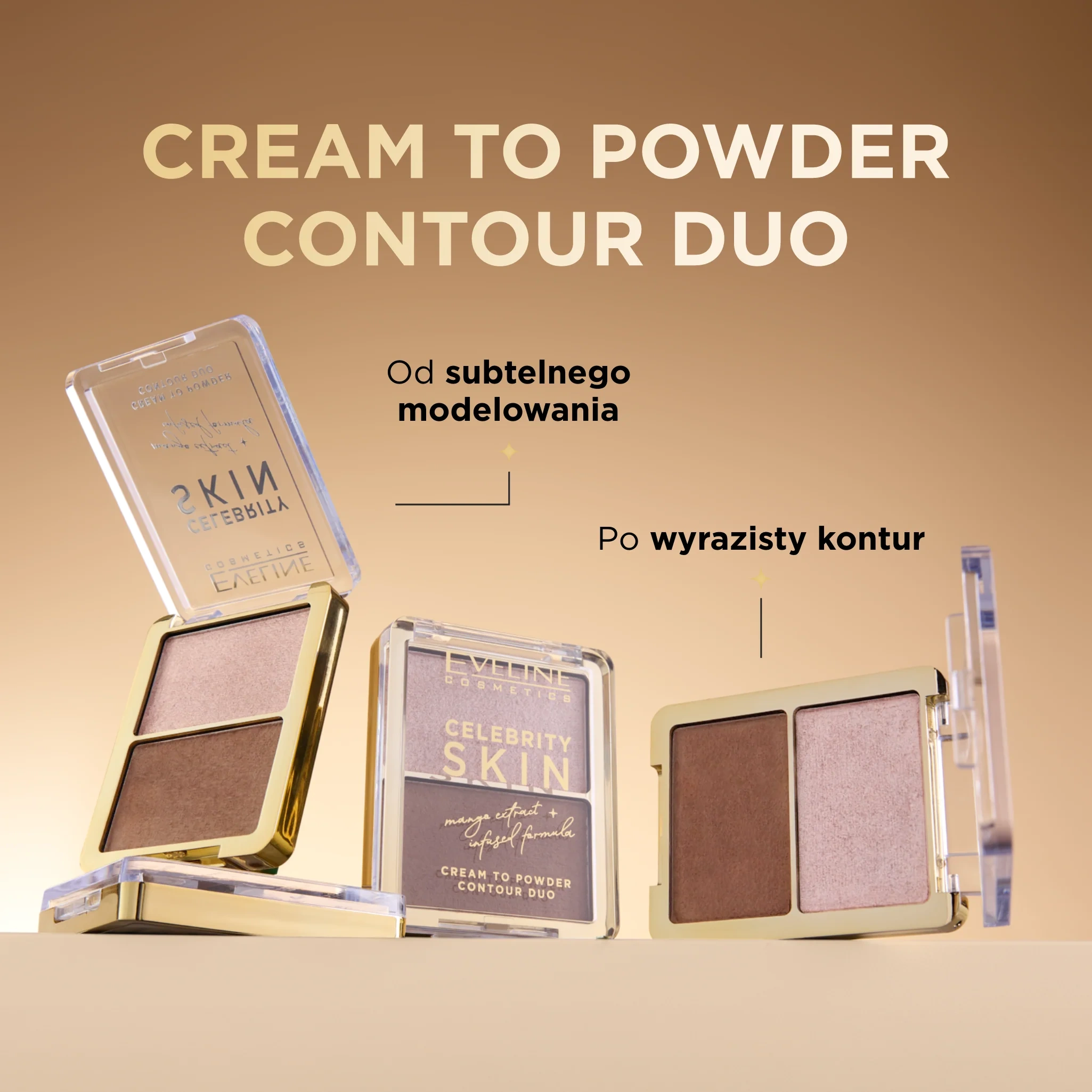 Hybrydowy rozświetlacz i bronzer 2w1 Eveline Celebrity Skin Cream To Powder Contour Duo do subtelnego lub wyrazistego konturowania