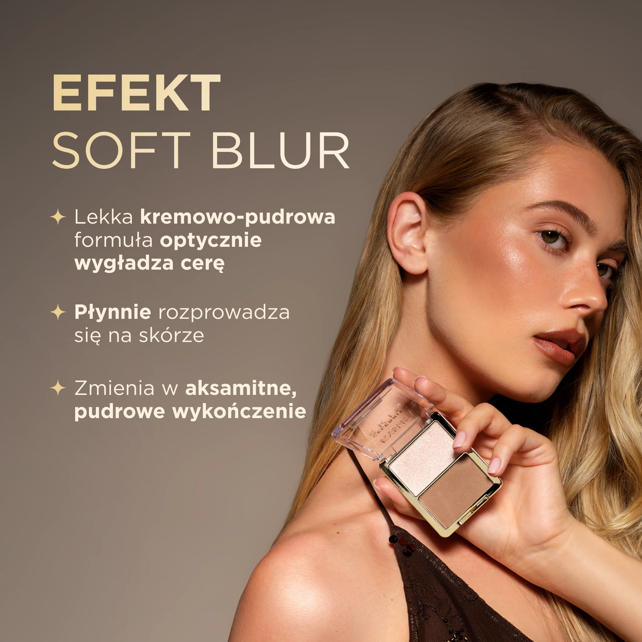 Efekt soft blur i wygładzonej cery z bronzerem i rozświetlaczem Eveline Celebrity Skin Cream To Powder Contour Duo