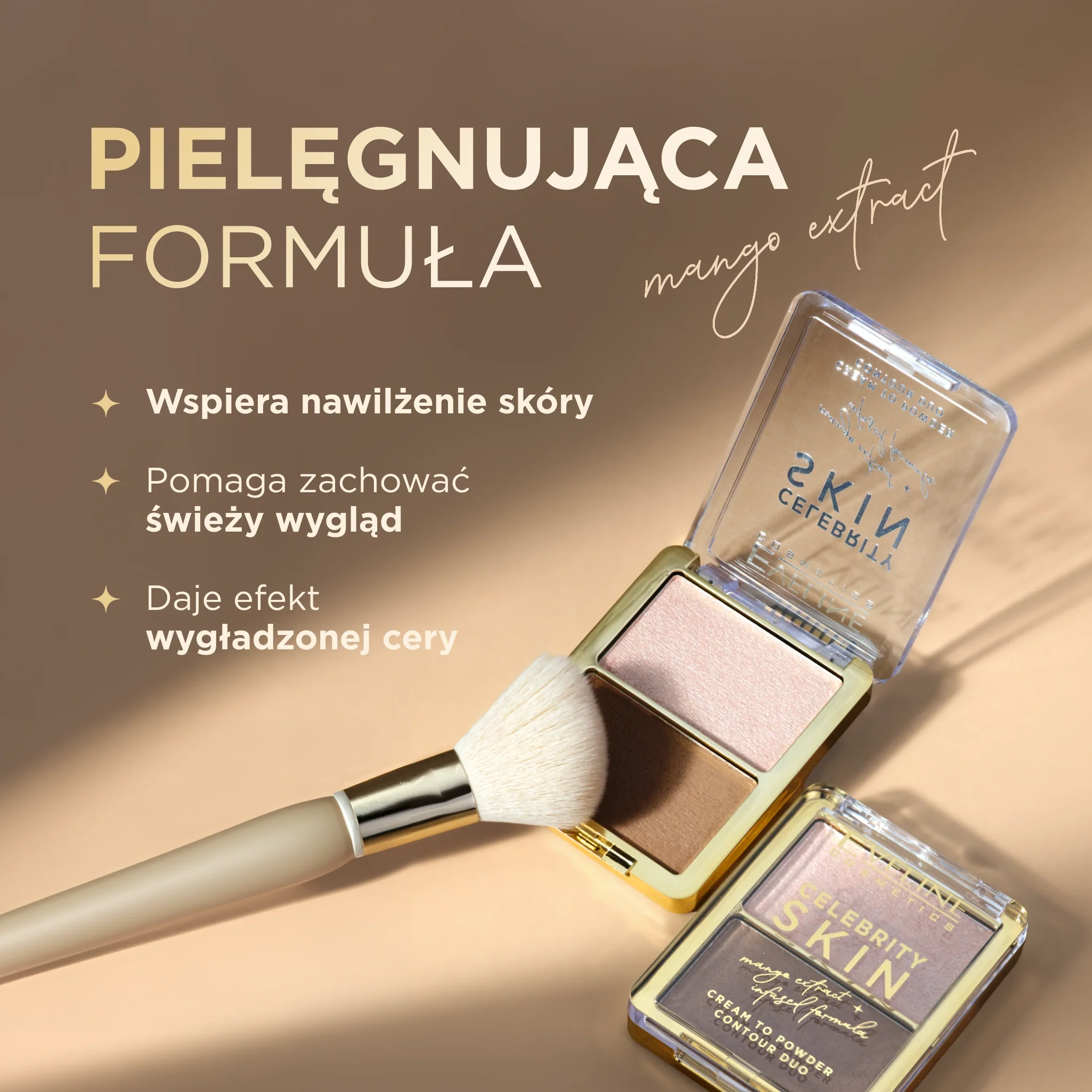 Hybrydowy bronzer i rozświetlacz Eveline Celebrity Skin Cream To Powder Contour Duo z ekstraktem z mango