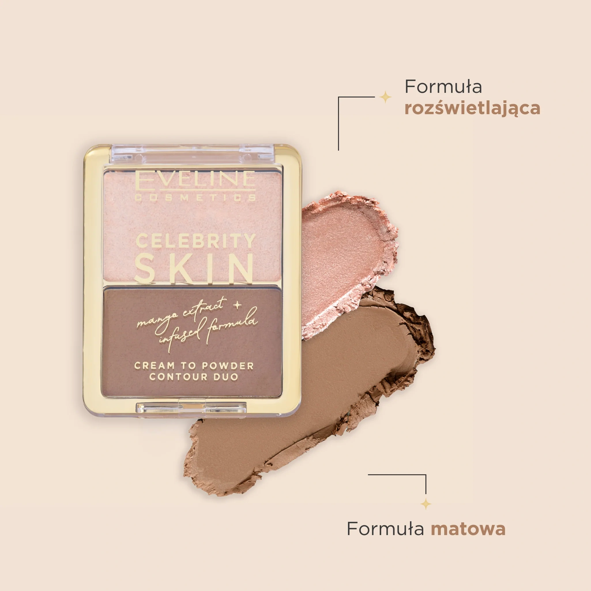 Hybrydowy bronzer i rozświetlacz Eveline Celebrity Skin Cream To Powder Contour Duo z matowym i rozświetlającym odcieniem