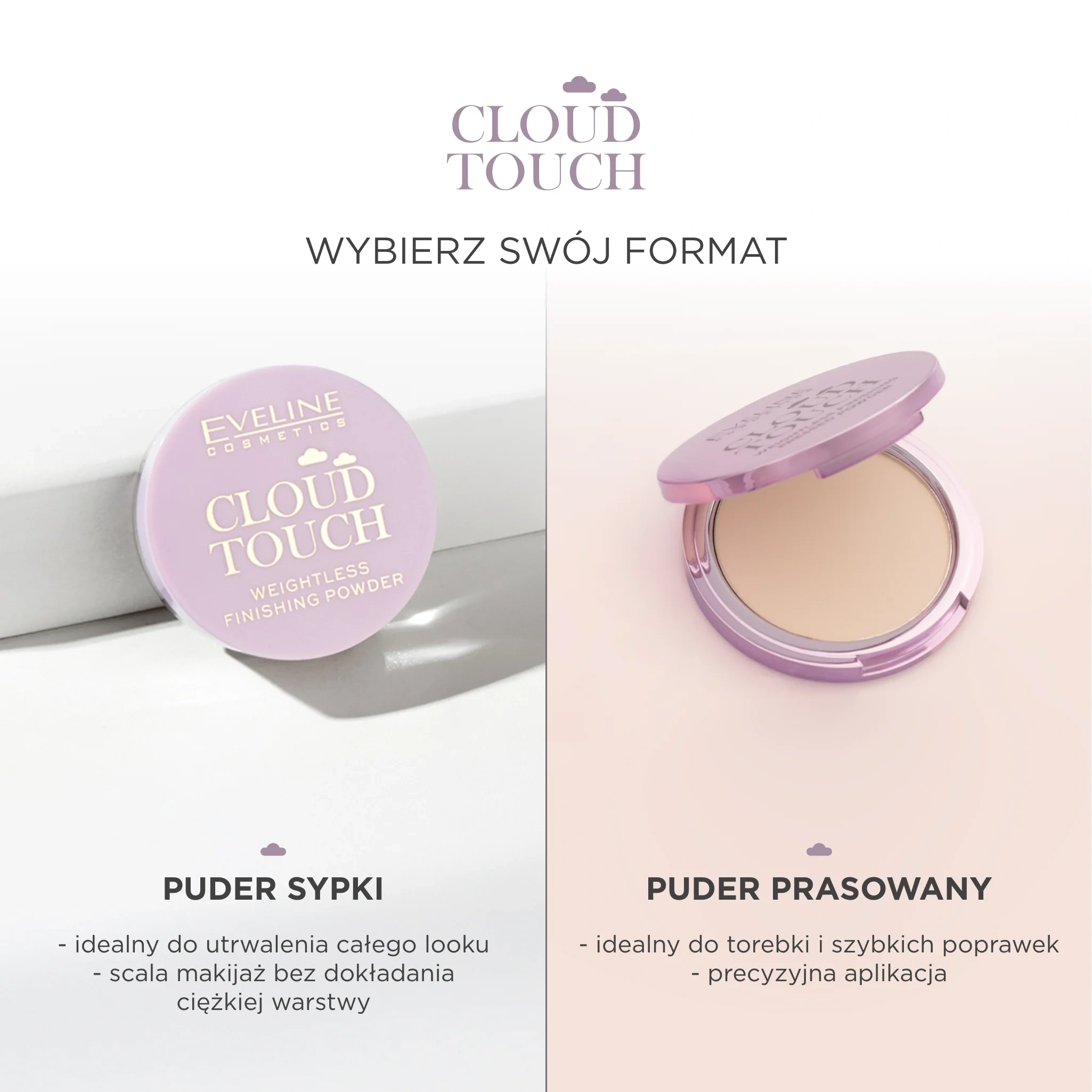 Porównanie pudru prasowanego Eveline Cloud Touch z pudrem sypkim – format do poprawek i utrwalania makijażu