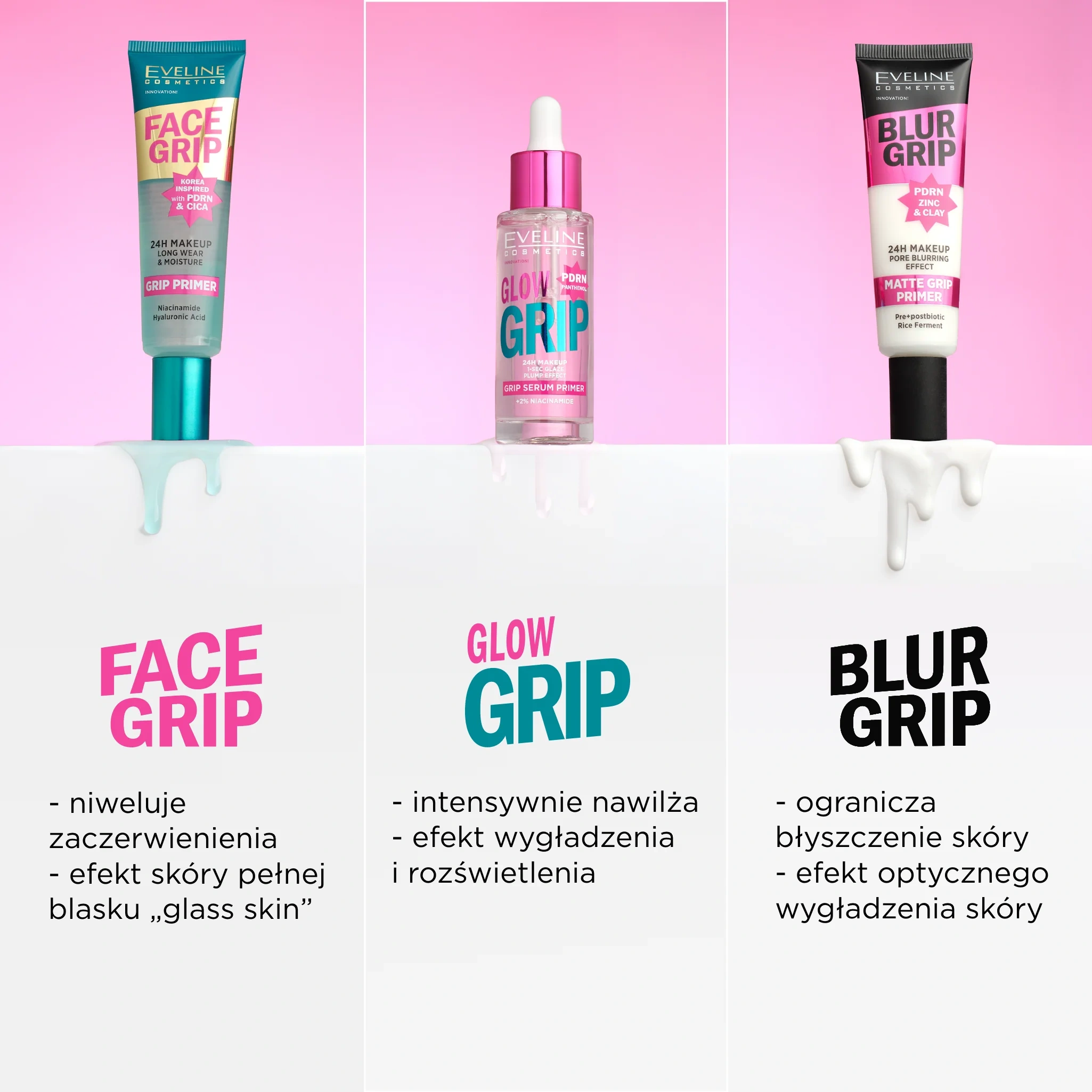Porównanie baz pod makijaż Eveline Face Grip, Glow Grip i Blur Grip do zaczerwienień, nawilżenia, rozświetlenia, błyszczenia i widocznych porów