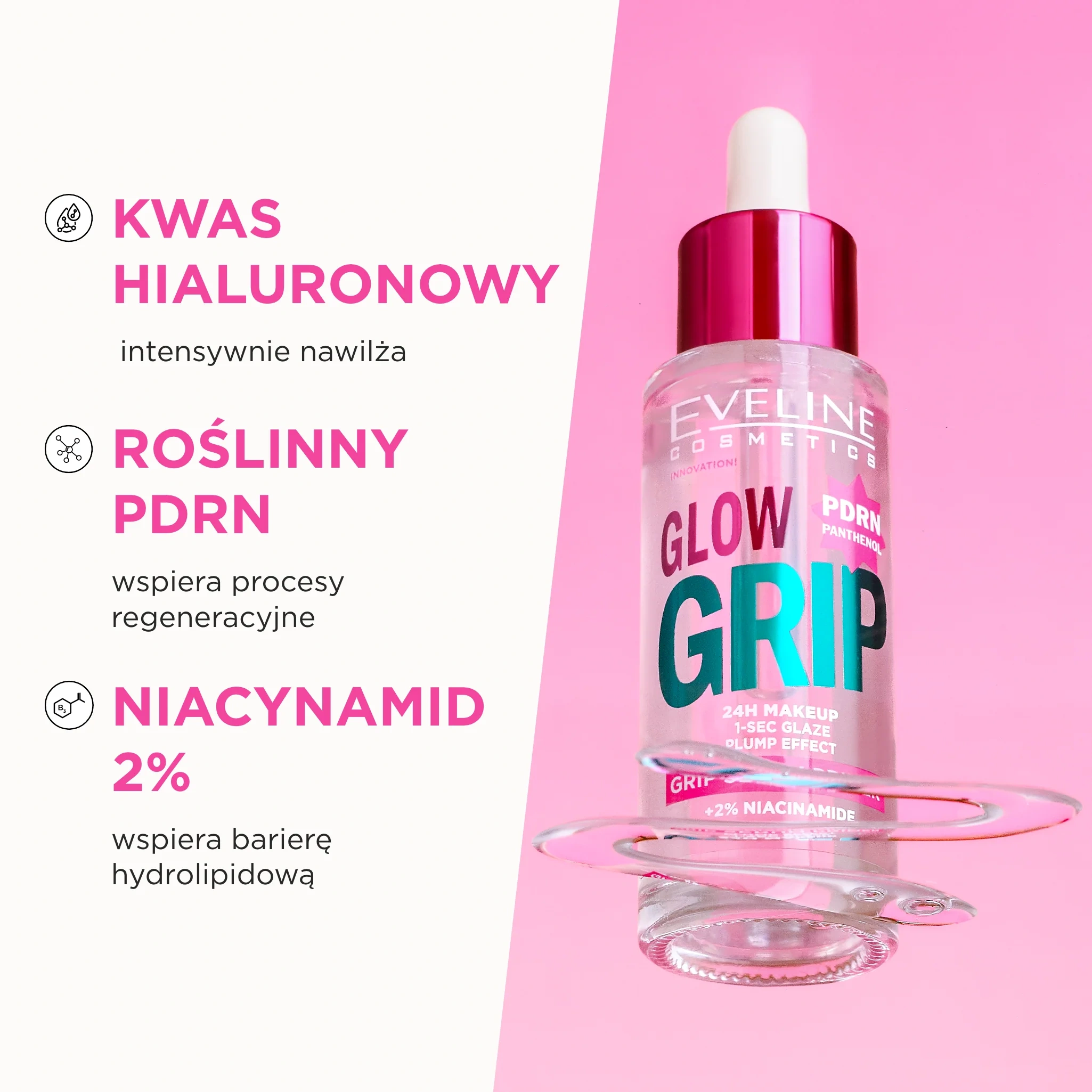 Rozświetlająca baza-serum Eveline Glow Grip Serum Primer z kwasem hialuronowym, roślinnym PDRN i 2% niacynamidem do nawilżenia skóry