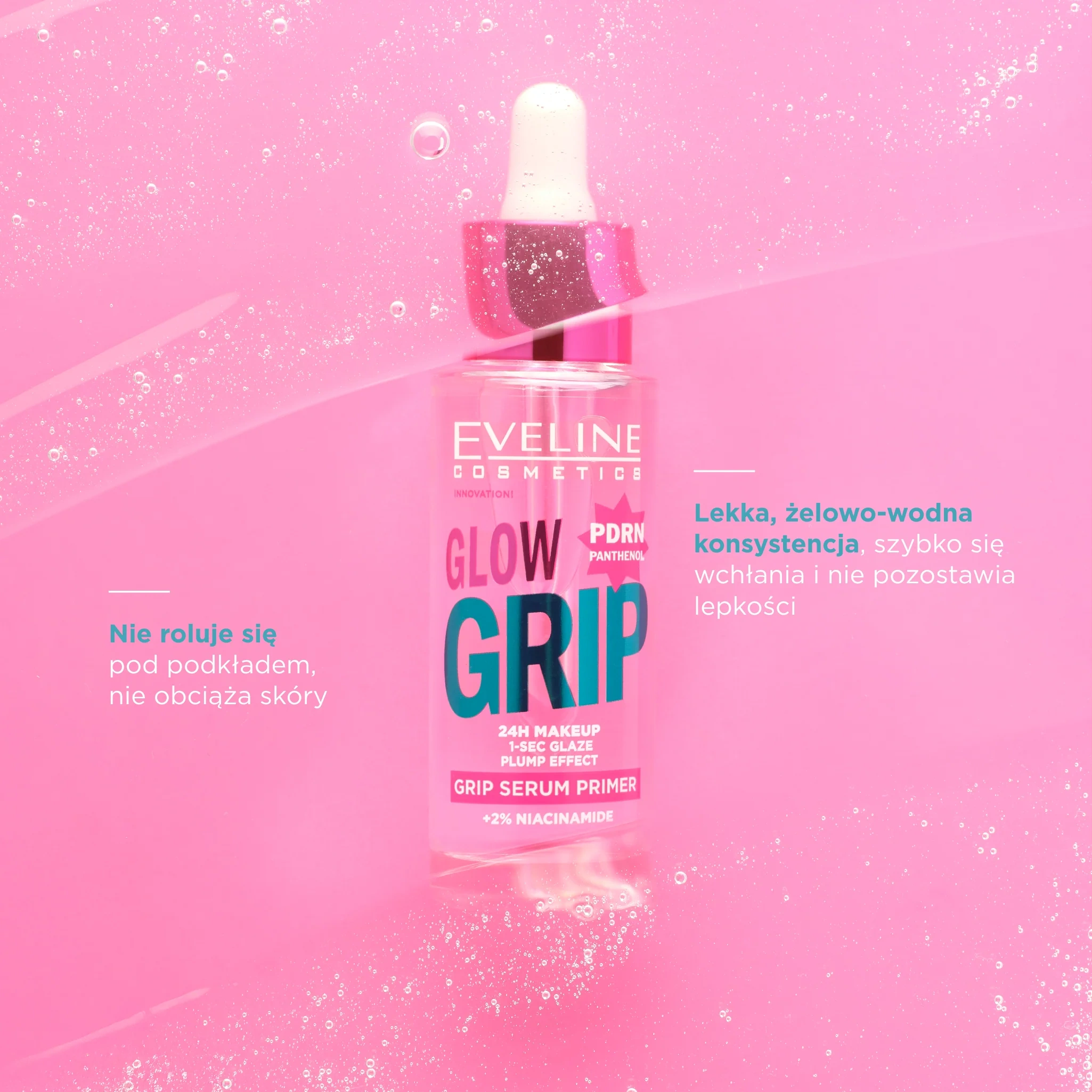 Rozświetlająca baza-serum Eveline Glow Grip Serum Primer o lekkiej żelowo-wodnej konsystencji, która nie roluje się pod podkładem