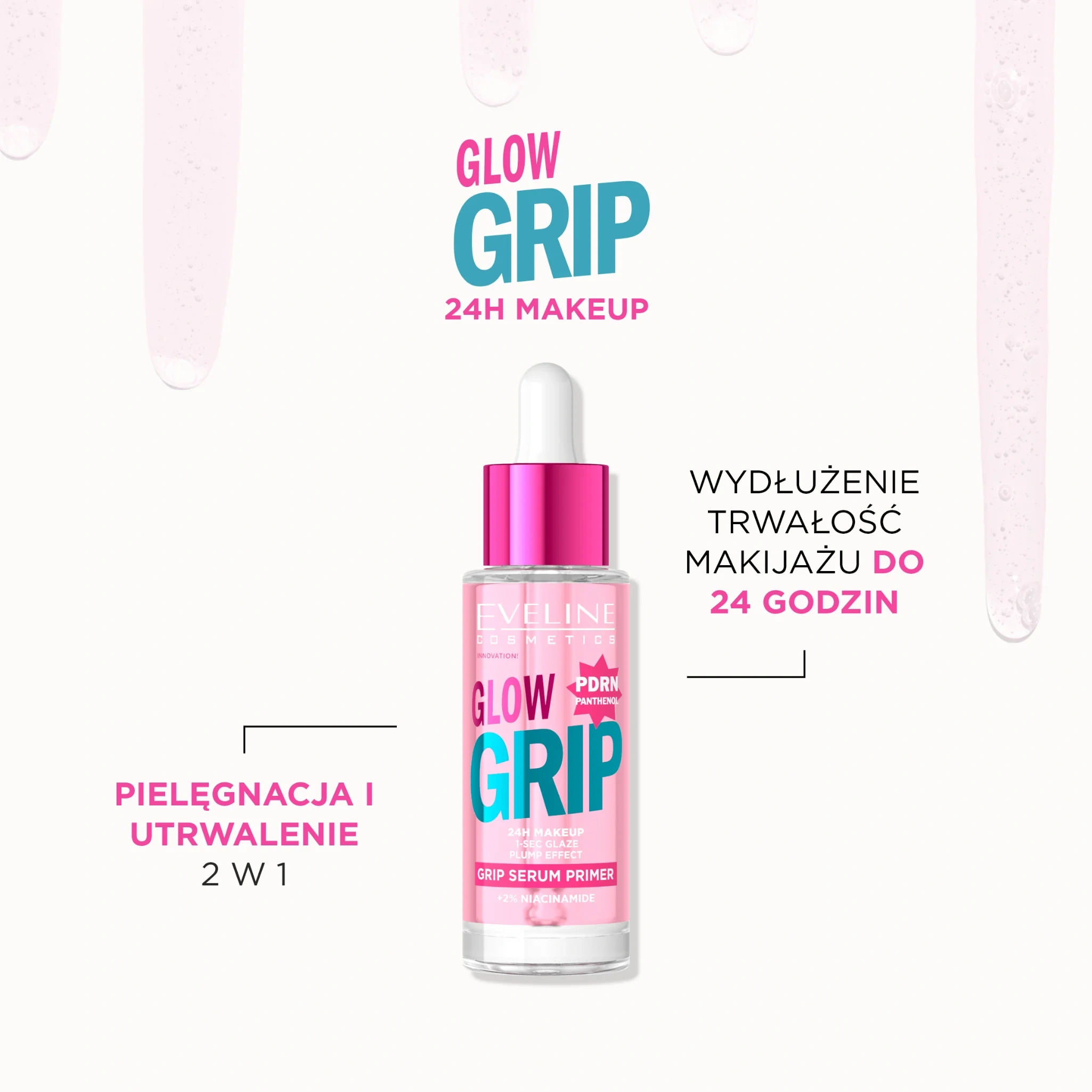 Rozświetlająca baza-serum Eveline Glow Grip Serum Primer pod makijaż, który ma pozostać trwały przez wiele godzin