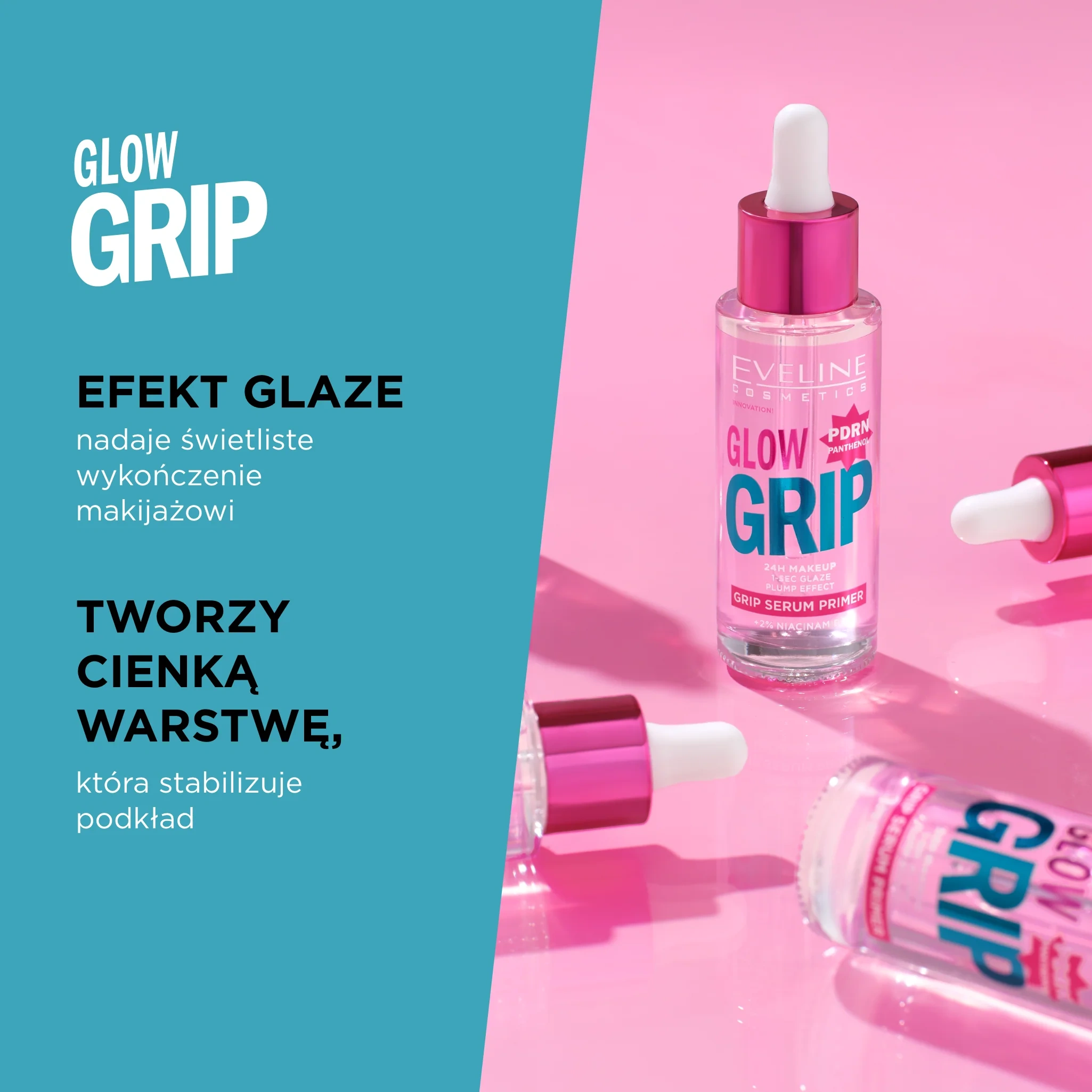 Rozświetlająca baza-serum Eveline Glow Grip Serum Primer nadająca makijażowi świetliste wykończenie glow i stabilizująca podkład