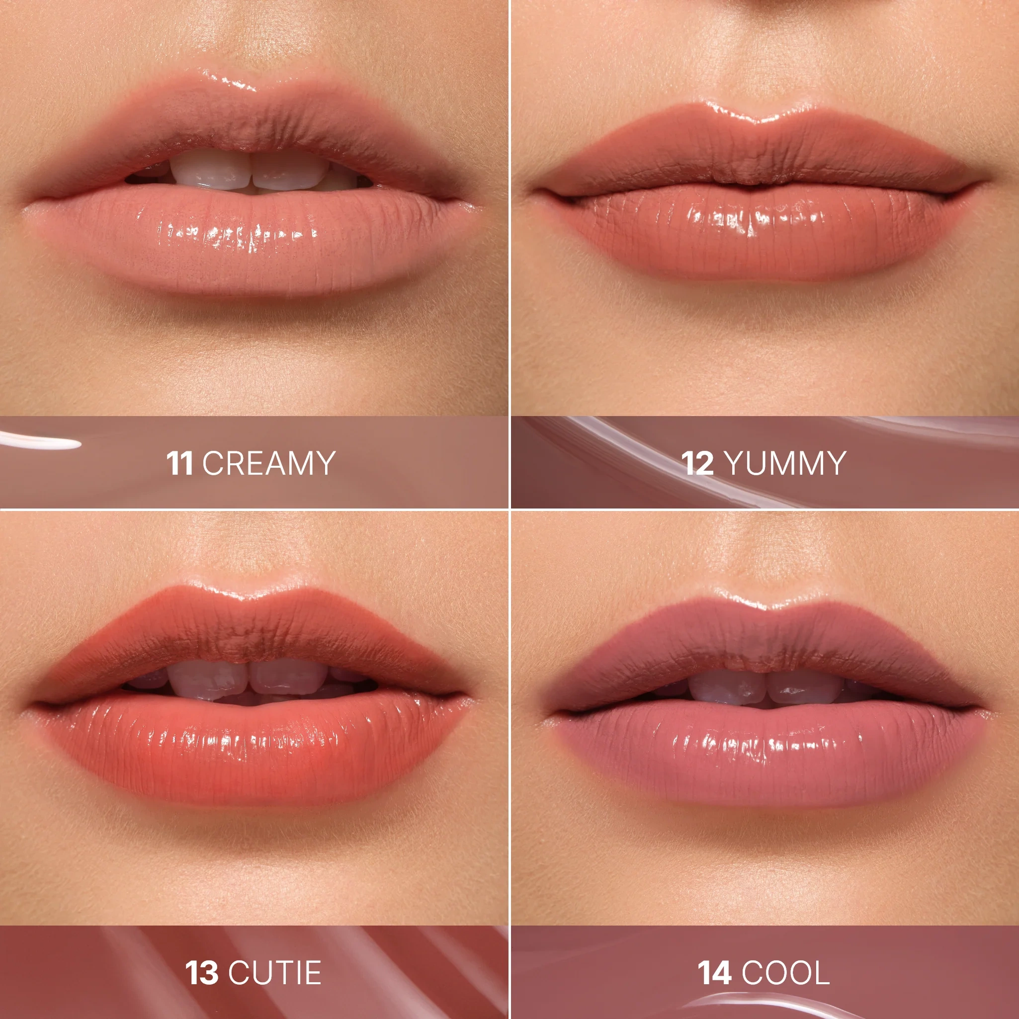 Kolory pomadki Eveline Vinylove 11 Creamy, 12 Yummy, 13 Cutie i 14 Cool pokazane na ustach
