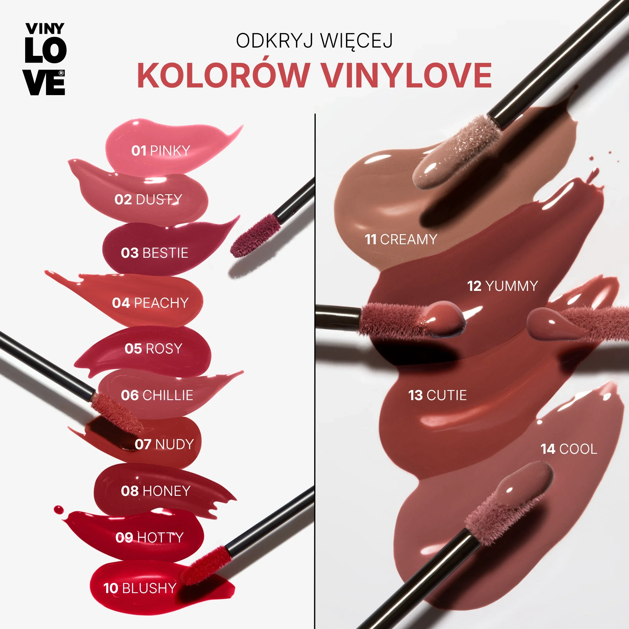 Gama kolorów pomadki Eveline Vinylove od 01 Pinky do 14 Cool ze swatchami wszystkich odcieni