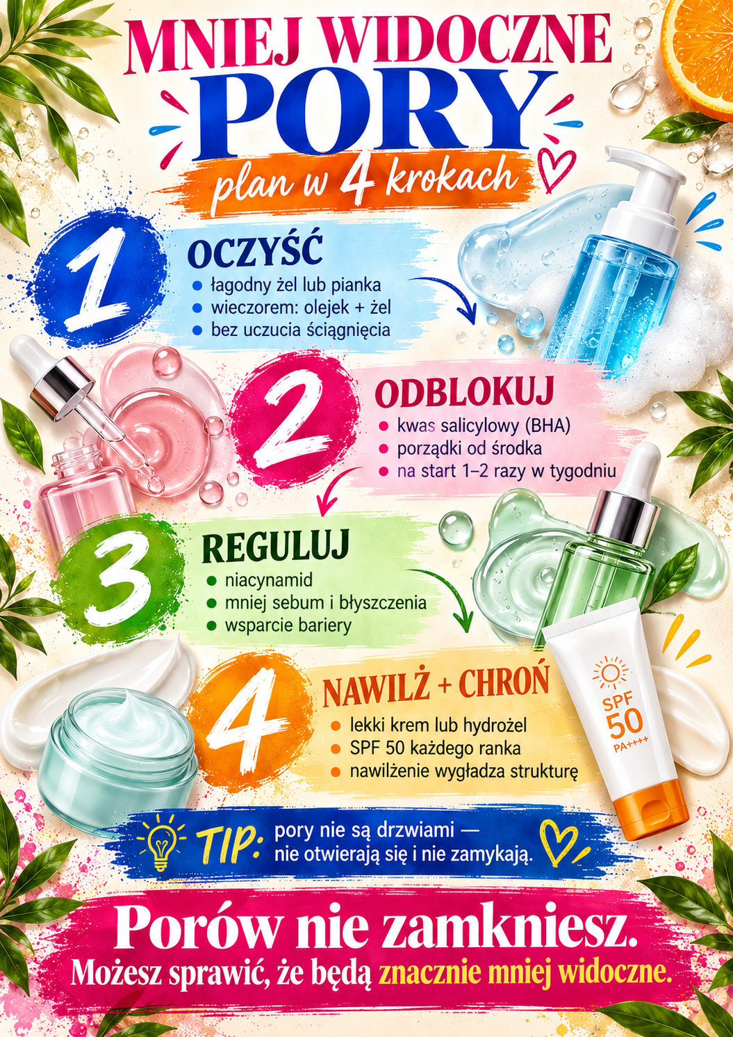 Jak zmniejszyć widoczność porów – plan pielęgnacji w 4 krokach Plan pielęgnacji rozszerzonych porów – oczyszczanie, kwas salicylowy, niacynamid, nawilżanie i SPF 50.
