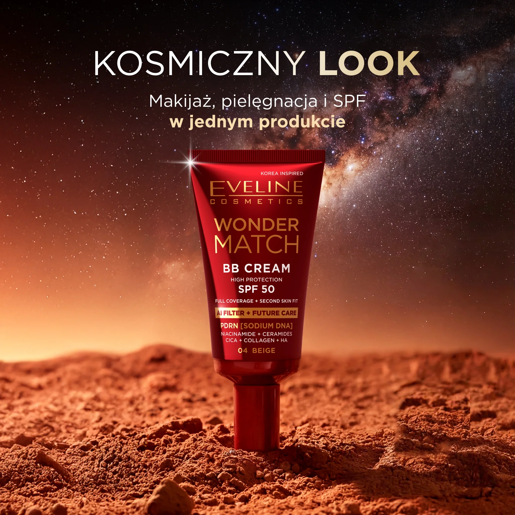 Krem BB SPF 50 Eveline Wonder Match 0.5 Porcelain łączący krycie, pielęgnację skóry i ochronę przeciwsłoneczną