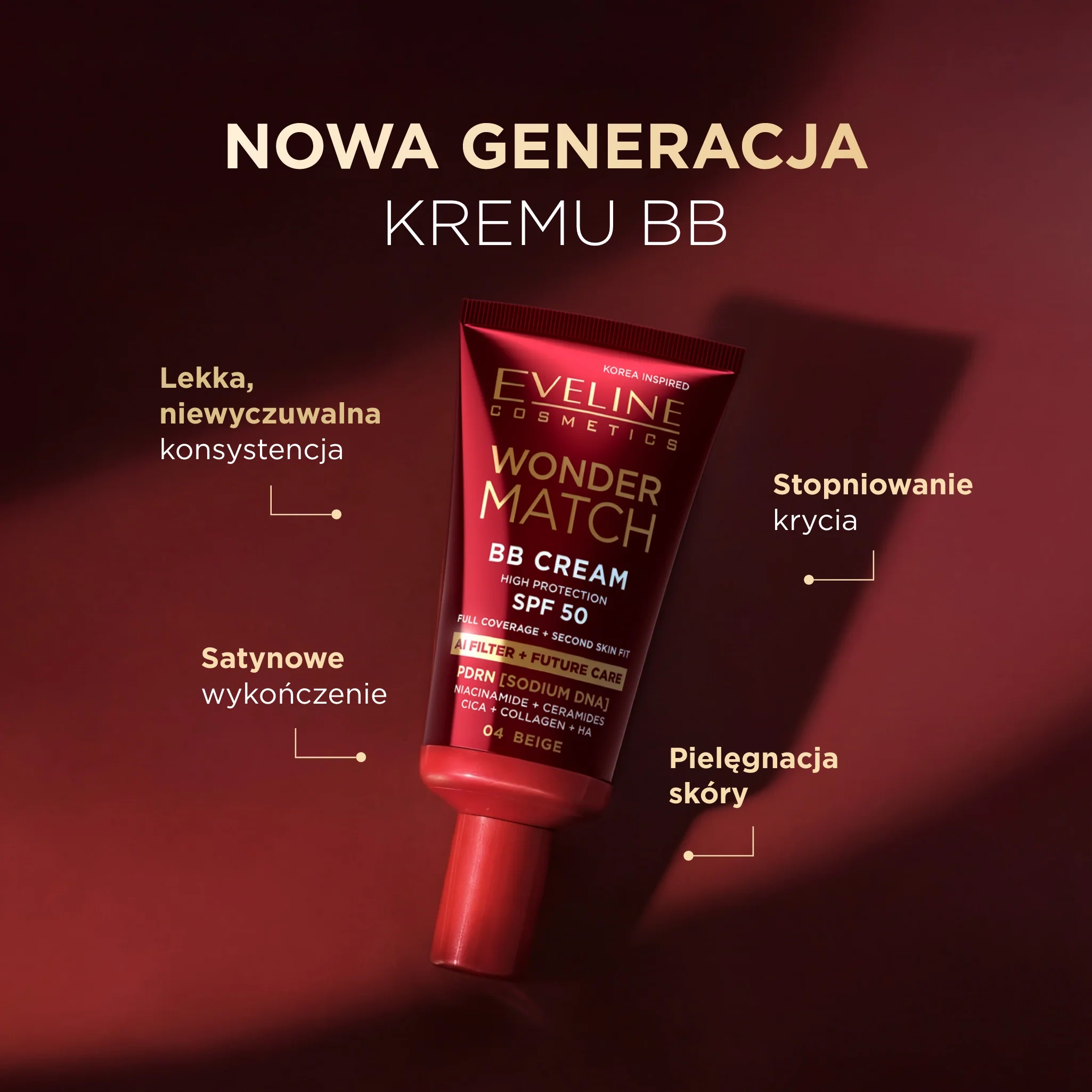 Kryjący krem BB SPF 50 z niacynamidem Eveline Wonder Match 0.5 Porcelain o lekkiej konsystencji i satynowym wykończeniu