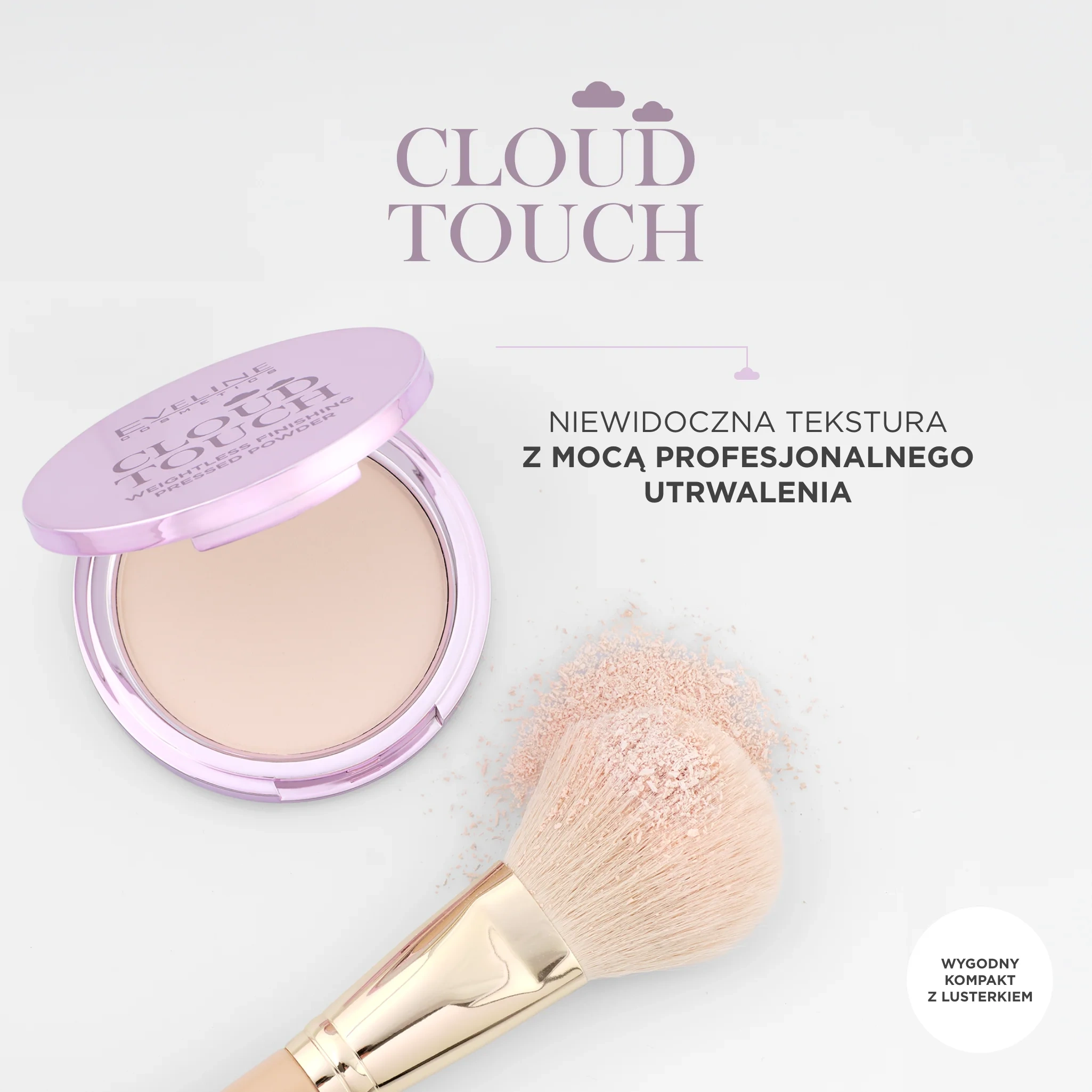 Lekki prasowany puder wykończeniowy Eveline Cloud Touch z lusterkiem i pędzlem – niewidoczna tekstura i utrwalenie makijażu