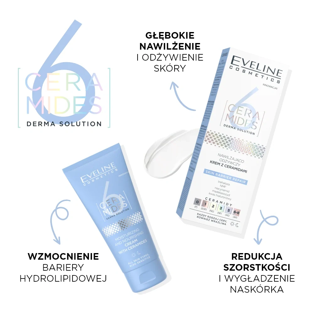 Nawilżająco-odżywczy krem do twarzy z ceramidami do skóry suchej i wrażliwej Eveline 6 Ceramides na osłabioną barierę hydrolipidową