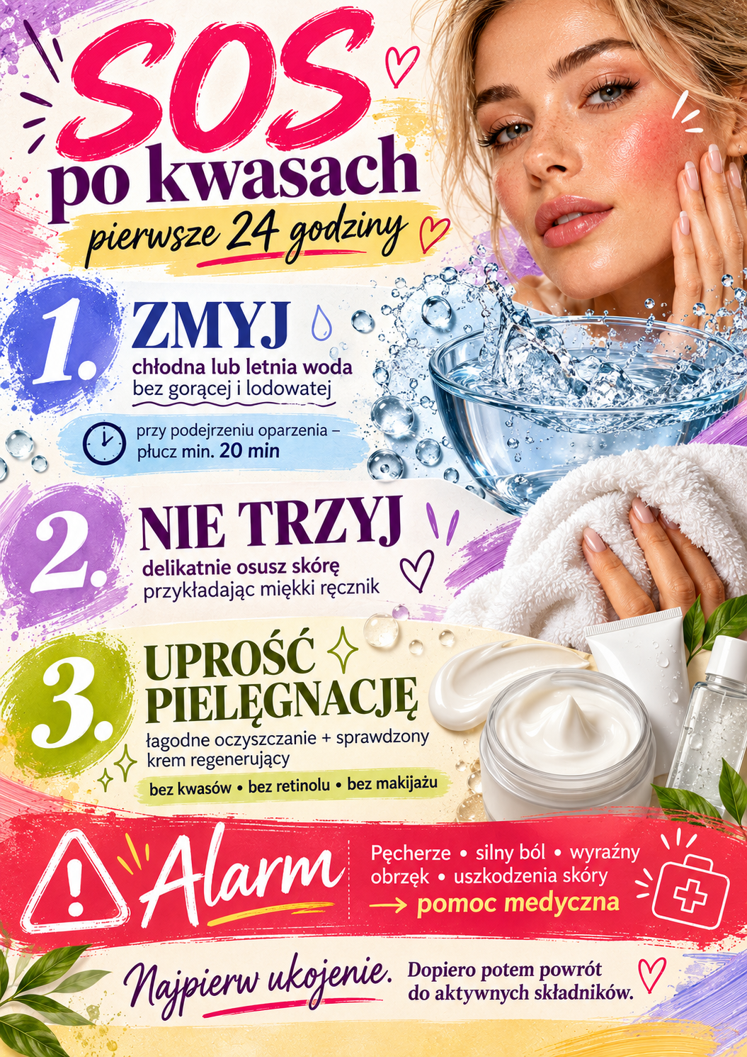 Podrażniona skóra po kwasach – pierwsza pomoc w 24 godziny Pierwsza pomoc po kwasach – płukanie skóry, brak tarcia, uproszczona pielęgnacja i objawy alarmowe.