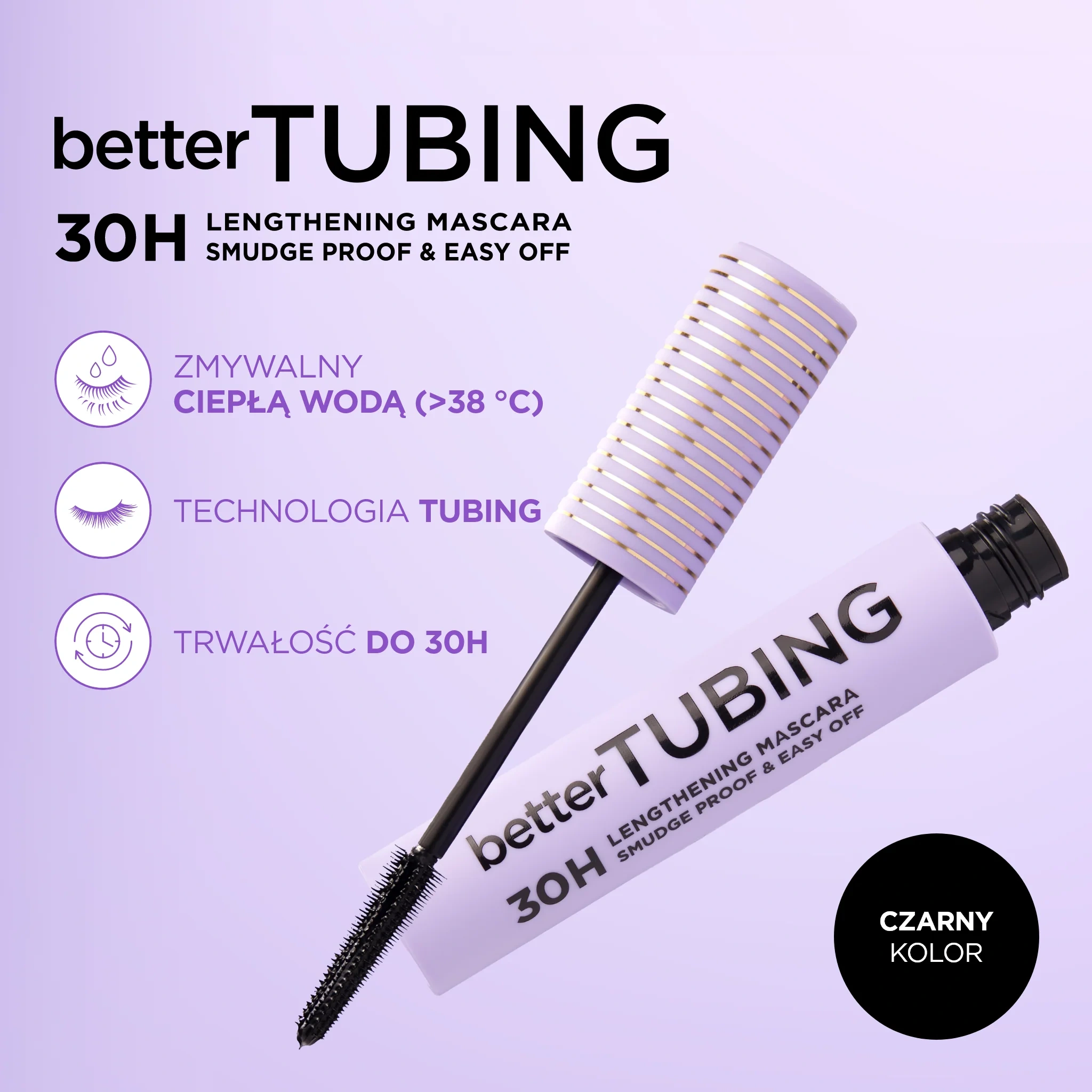Wydłużający tusz tubujący do rzęs Eveline Better Tubing Black z trwałością do 30 godzin i technologią tubing