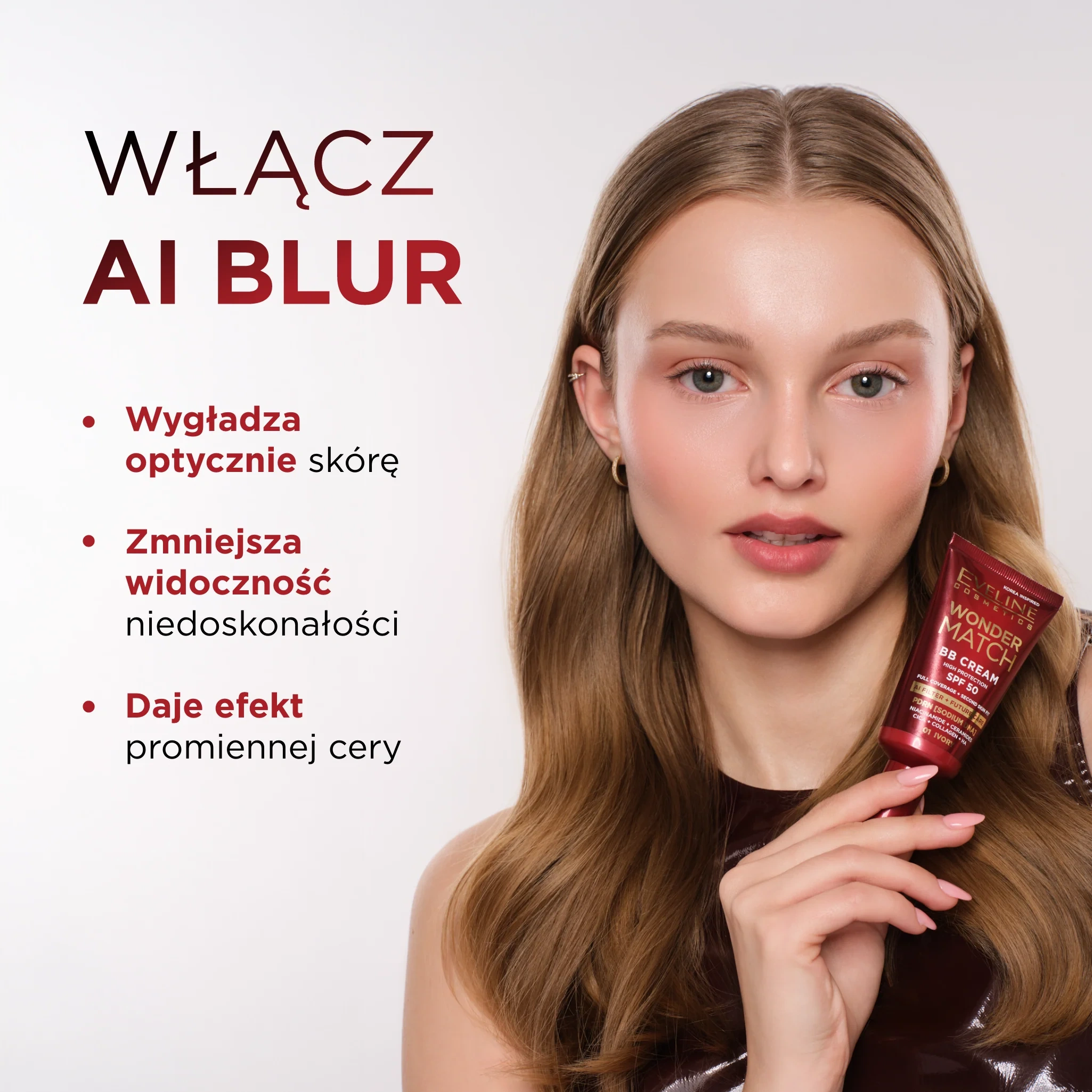 Krem BB SPF 50 Eveline Wonder Match 0.5 Porcelain dający efekt wygładzonej i promiennej cery